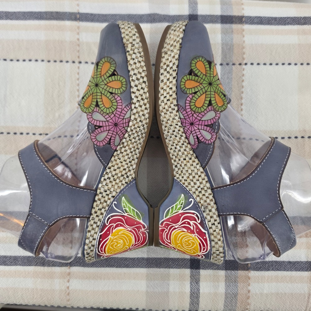 L'Artiste Fusta-Blum Leather Floral Wedge Sandals Women 38 Hand Painted Rose - Picture 4 of 15
